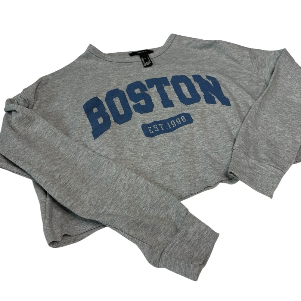 Gray Boston Collegiate Cropped Long Sleeve Loose Top